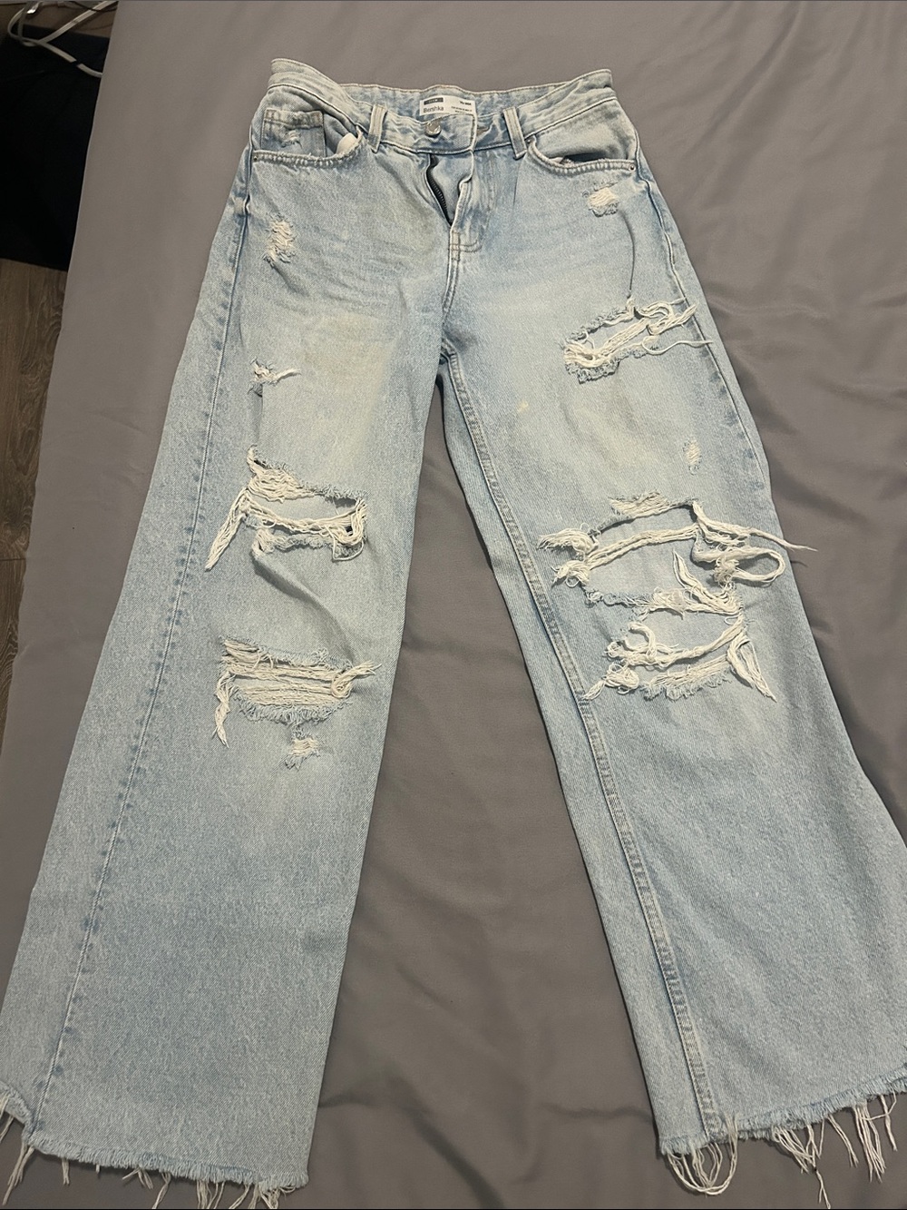 Bershka Light Blue Distressed Wide-Leg Jeans